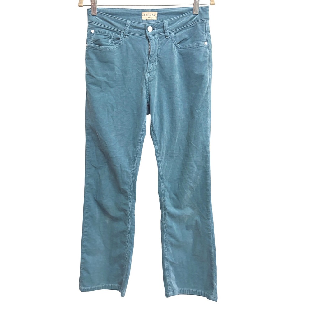 Pilcro Blue Velvet Mid Rise Blue Straight Leg Pants Boho Teal Stretch Size 28